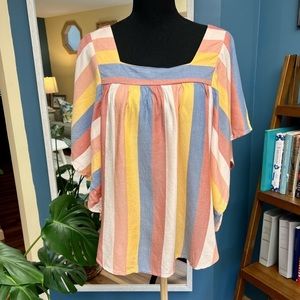 BEACHLUNCHLOUNGE Blouse Stripe Summer Mustard Blue Pink Size Medium NWT.